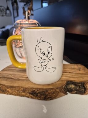 Rae Dunn White Ceramic Mug with Yellow Handle and Yellow Interior, Tweety Bird